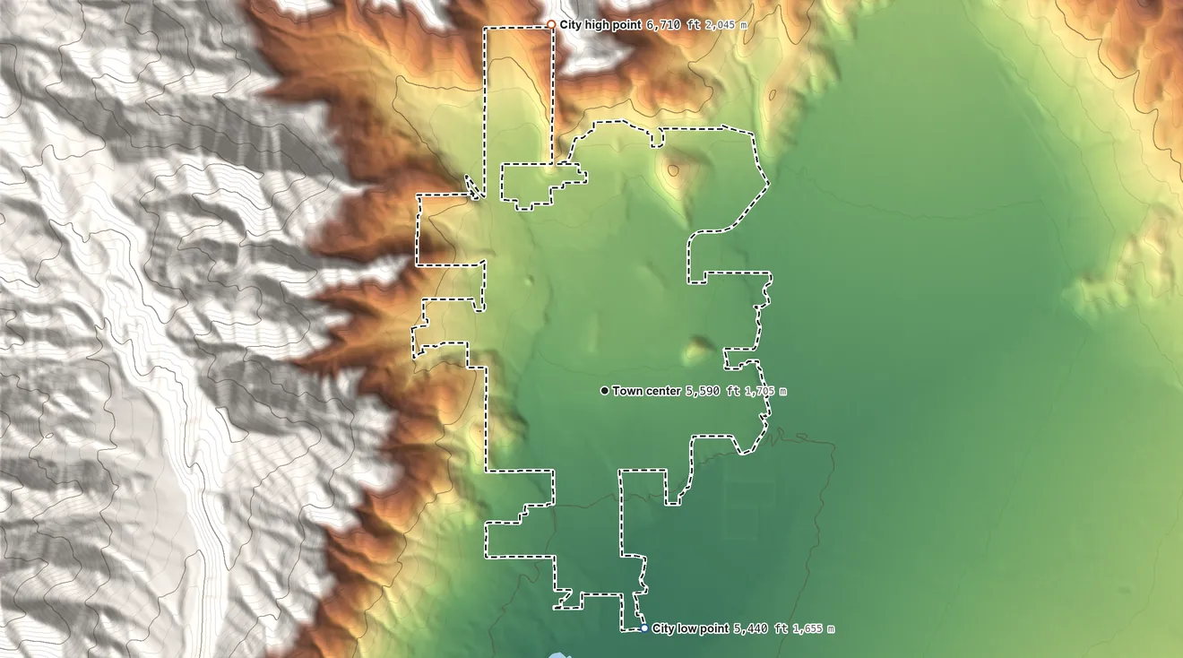Topographic elevation map of Midway, Utah, shaded from 5,440 ft on the south side to 6,710 ft at the foot of the The West Hills