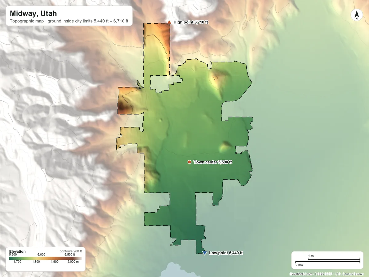 Topographic elevation map of Midway, Utah, shaded from 5,440 ft on the south side to 6,710 ft at the foot of the The West Hills