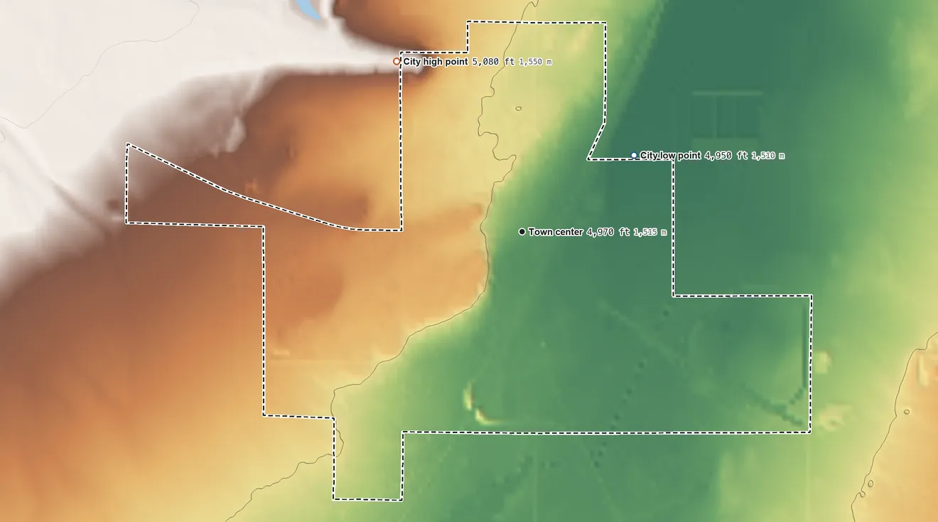 Topographic elevation map of Milford, Utah, shaded from 4,950 ft on the northeast side to 5,080 ft on the northwest side