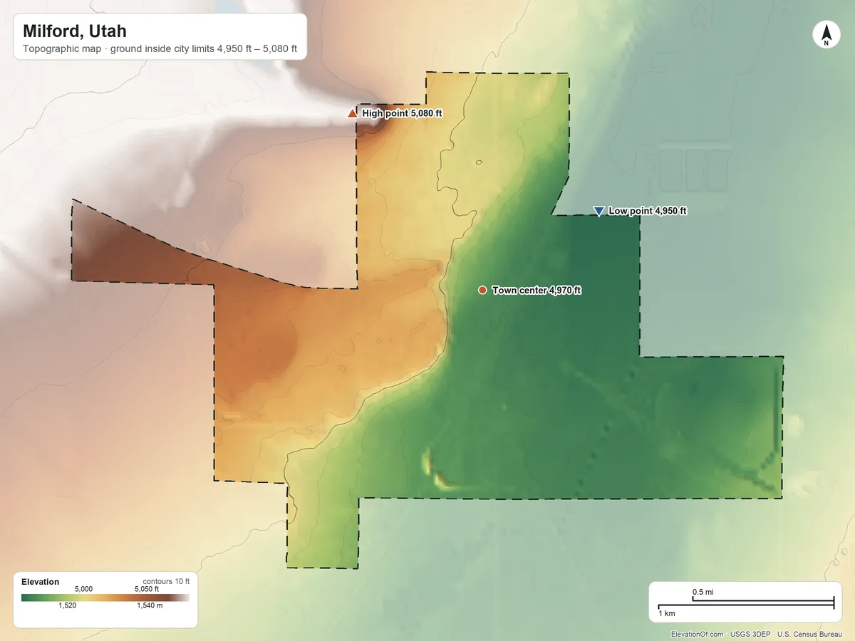 Topographic elevation map of Milford, Utah, shaded from 4,950 ft on the northeast side to 5,080 ft on the northwest side