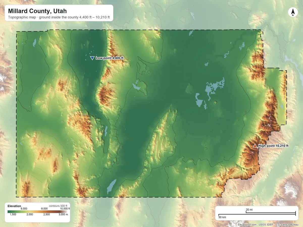 Topographic elevation map of Millard County, Utah, shaded from 4,400 ft on the northwest side to 10,210 ft on Mine Camp Peak