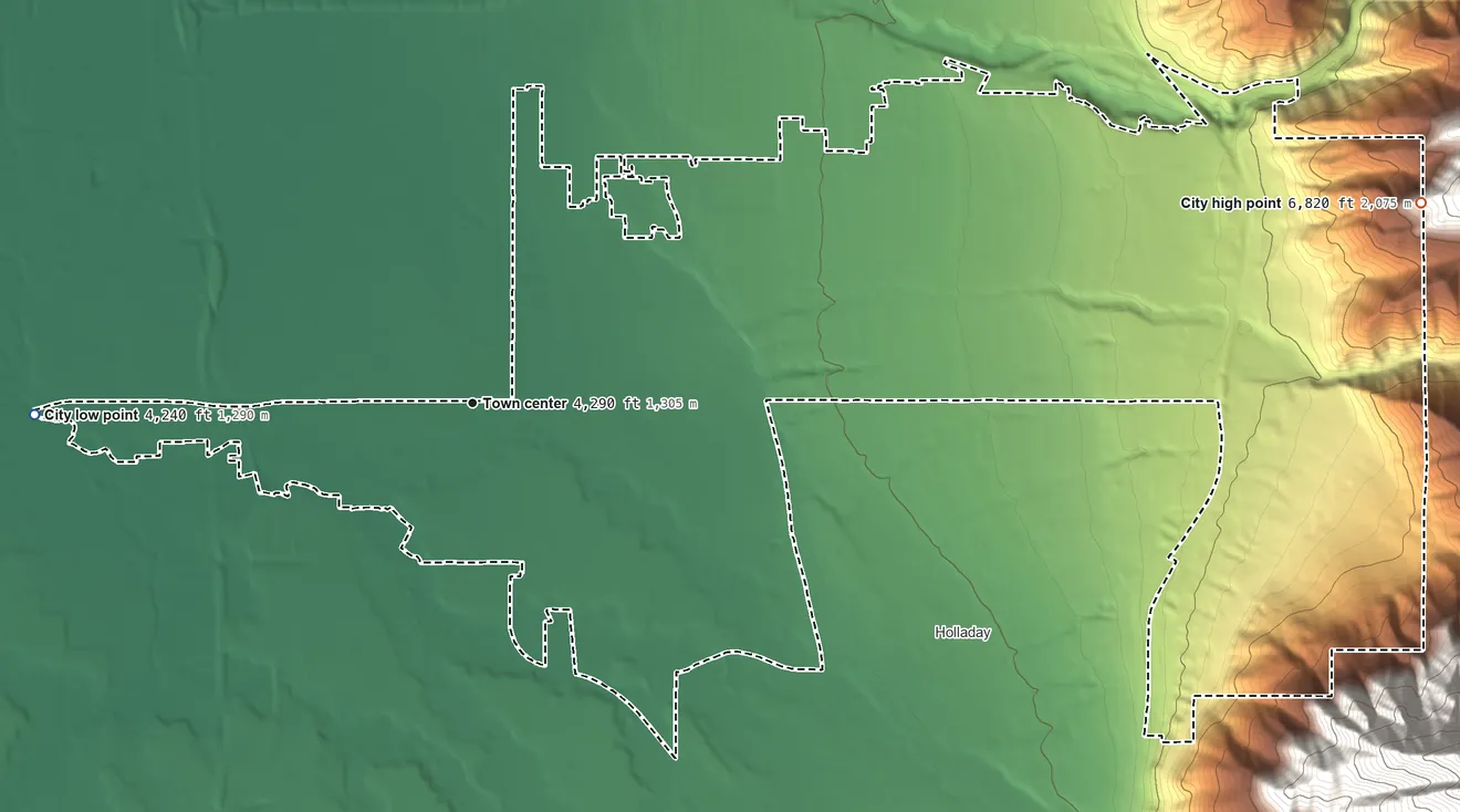 Topographic elevation map of Millcreek, Utah, shaded from 4,240 ft on the west side to 6,820 ft at the foot of the Sessions Mountains