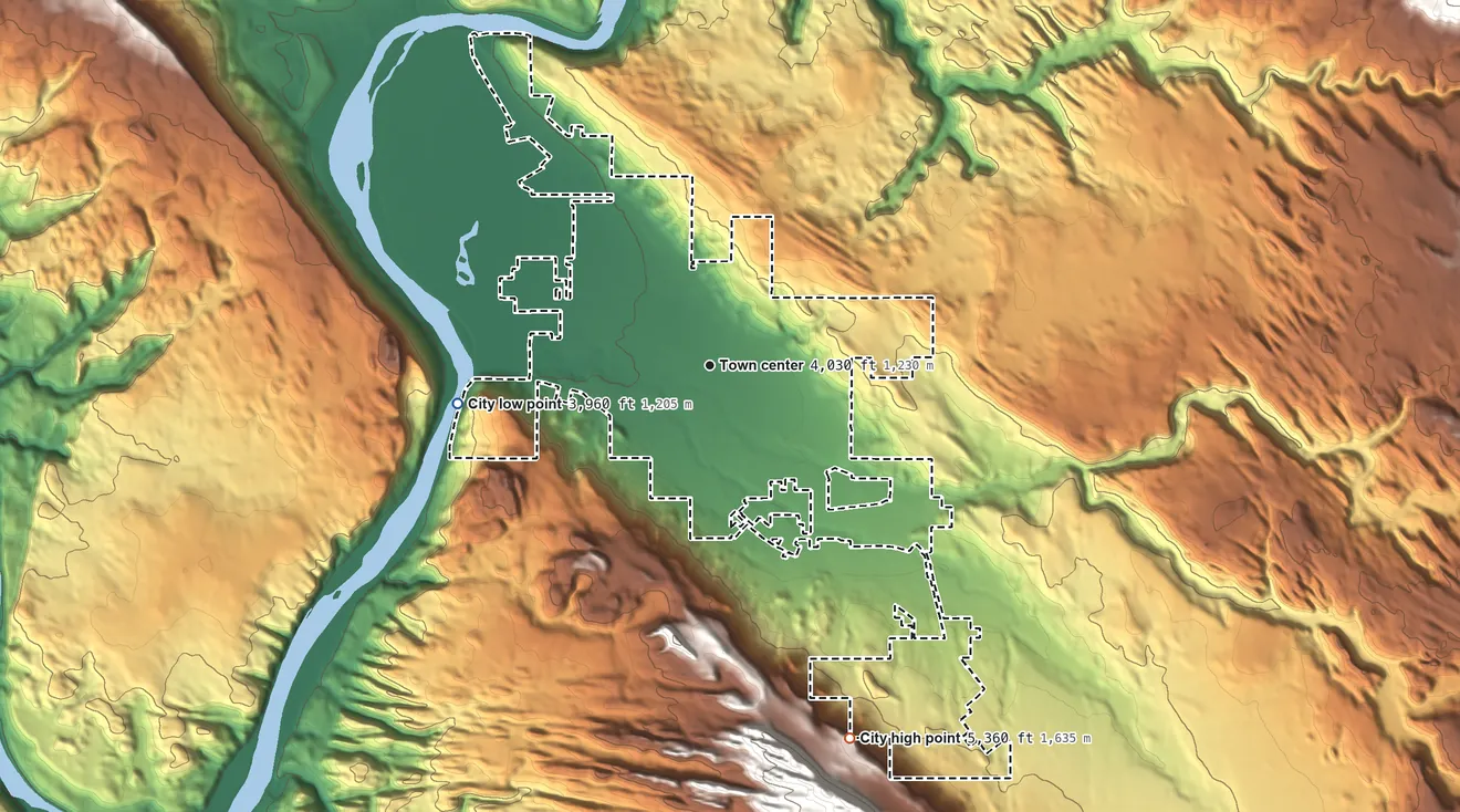 Topographic elevation map of Moab, Utah, shaded from 3,960 ft on the west side to 5,360 ft on the south edge, below higher ground just outside
