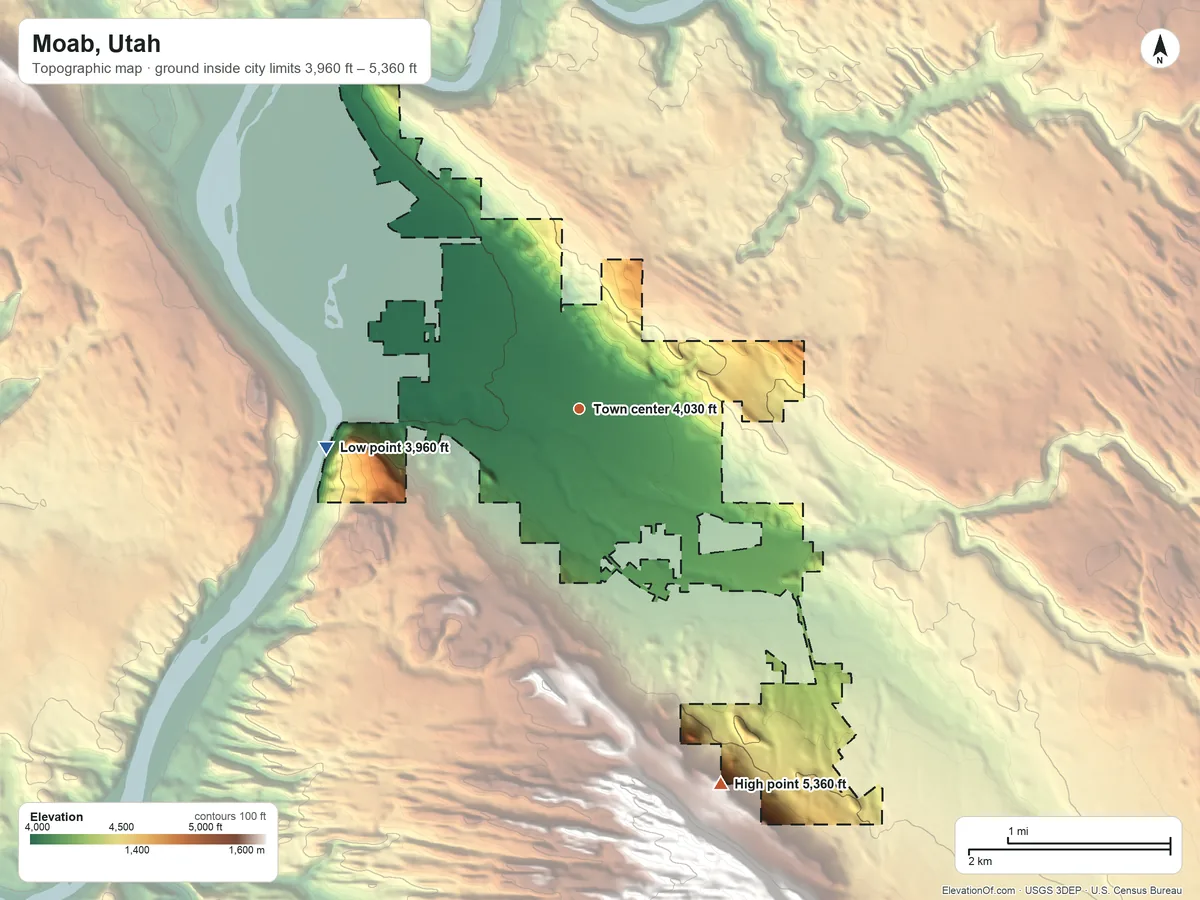 Topographic elevation map of Moab, Utah, shaded from 3,960 ft on the west side to 5,360 ft on the south edge, below higher ground just outside