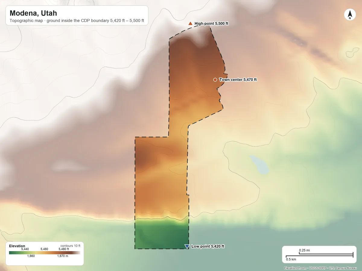 Topographic elevation map of Modena, Utah, shaded from 5,420 ft on the south side to 5,500 ft at the foot of the Paradise Mountains