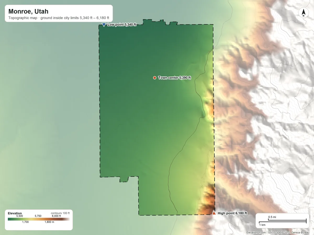 Topographic elevation map of Monroe, Utah, shaded from 5,340 ft on the northwest side to 6,180 ft at the foot of the Antelope Range