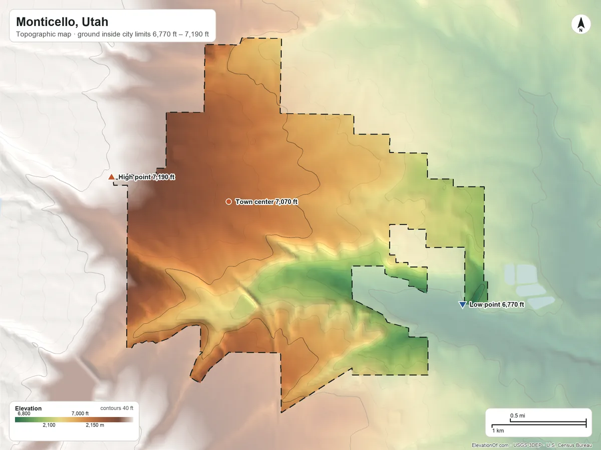 Topographic elevation map of Monticello, Utah, shaded from 6,770 ft on the southeast side to 7,190 ft at the foot of the Abajo Mountains