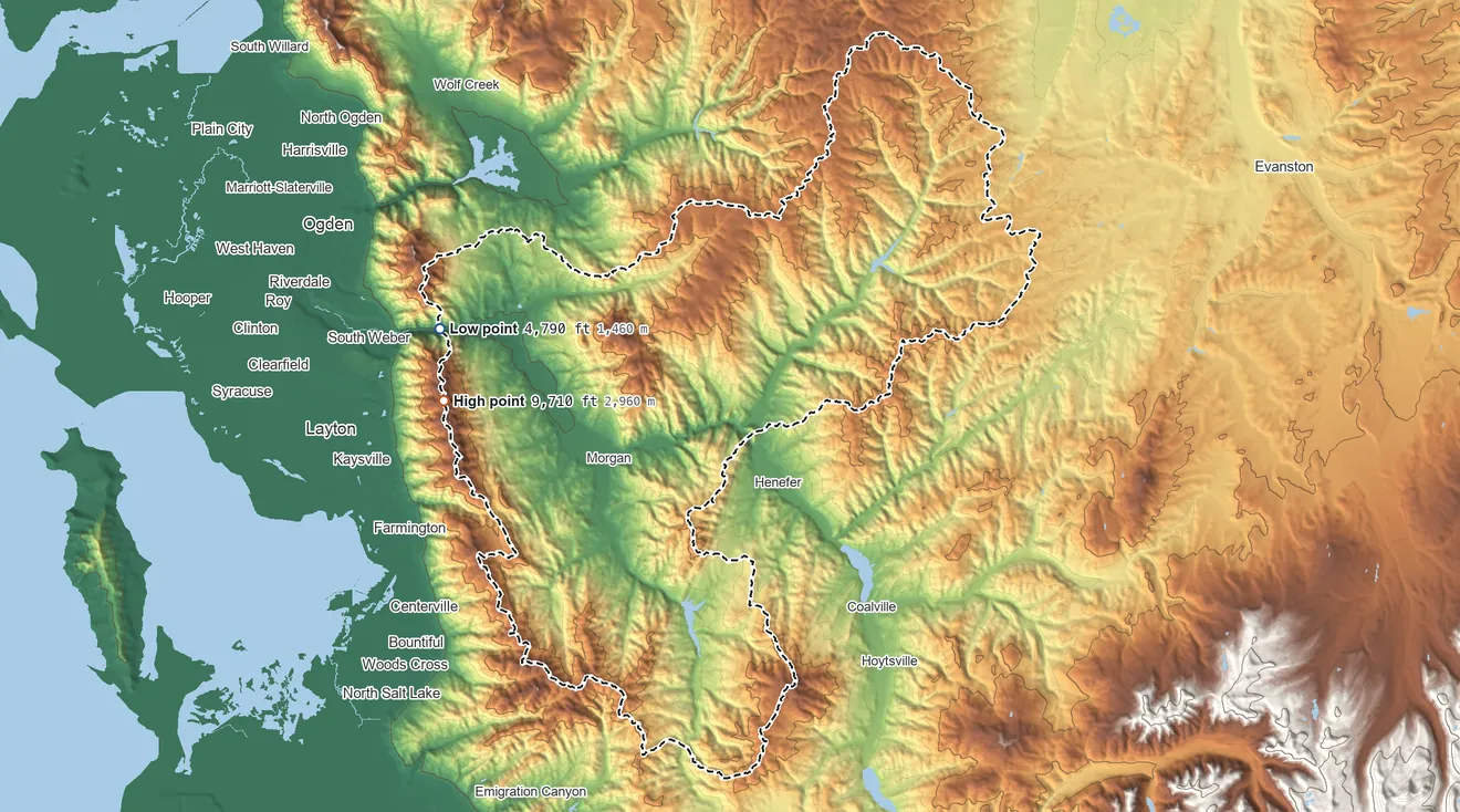 Topographic elevation map of Morgan County, Utah, shaded from 4,790 ft on the west side to 9,710 ft on Thurston Peak