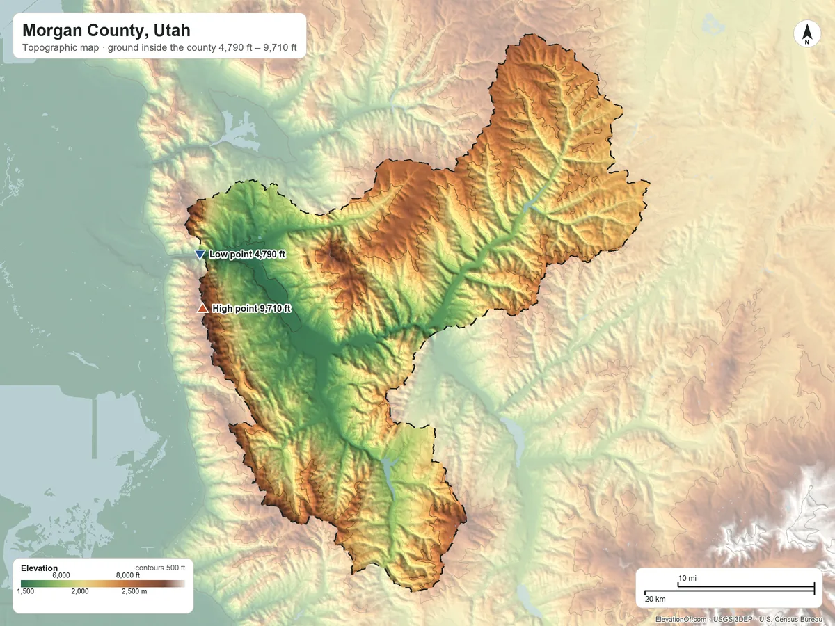 Topographic elevation map of Morgan County, Utah, shaded from 4,790 ft on the west side to 9,710 ft on Thurston Peak