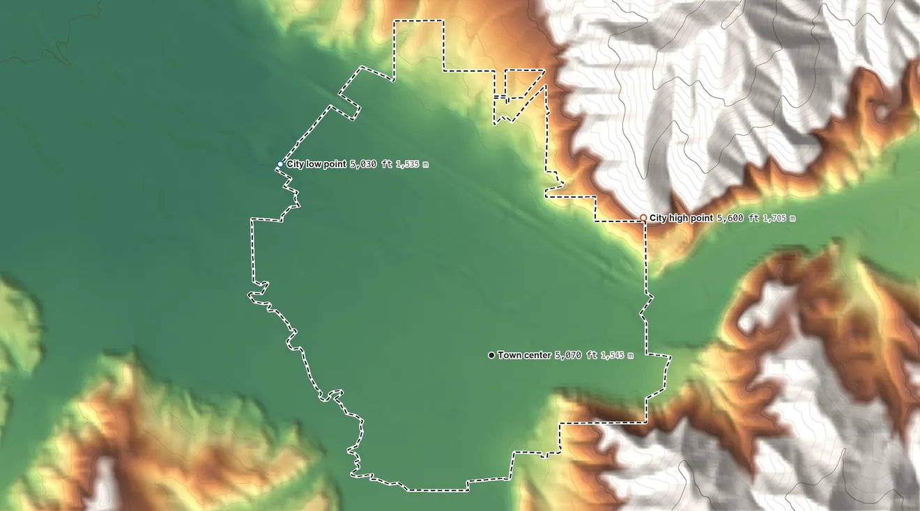 Topographic elevation map of Morgan, Utah, shaded from 5,030 ft on the northwest side to 5,600 ft at the foot of the Sessions Mountains