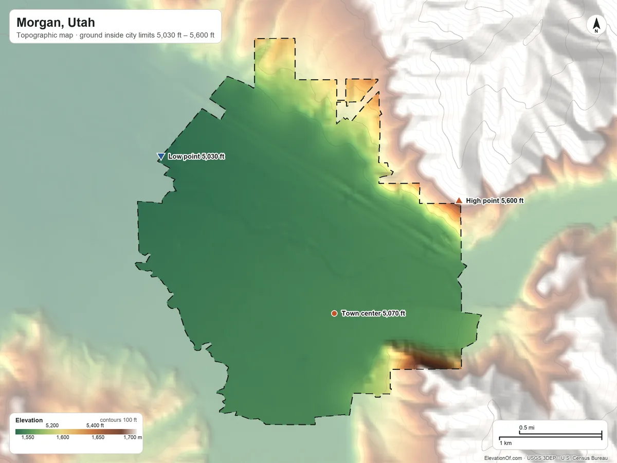Topographic elevation map of Morgan, Utah, shaded from 5,030 ft on the northwest side to 5,600 ft at the foot of the Sessions Mountains