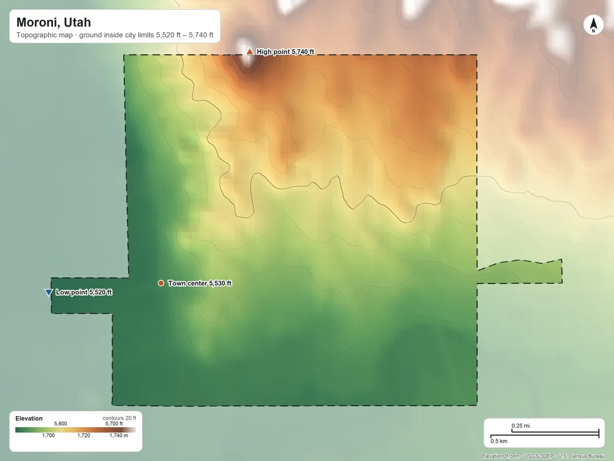 Topographic elevation map of Moroni, Utah, shaded from 5,520 ft on the west side to 5,740 ft on the north side