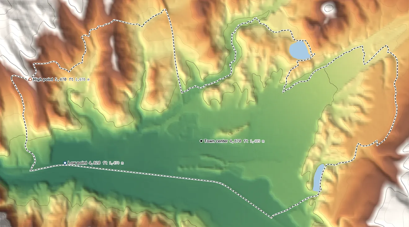 Topographic elevation map of Mountain Green, Utah, shaded from 4,820 ft on the west side to 5,470 ft on the west edge, below higher ground just outside
