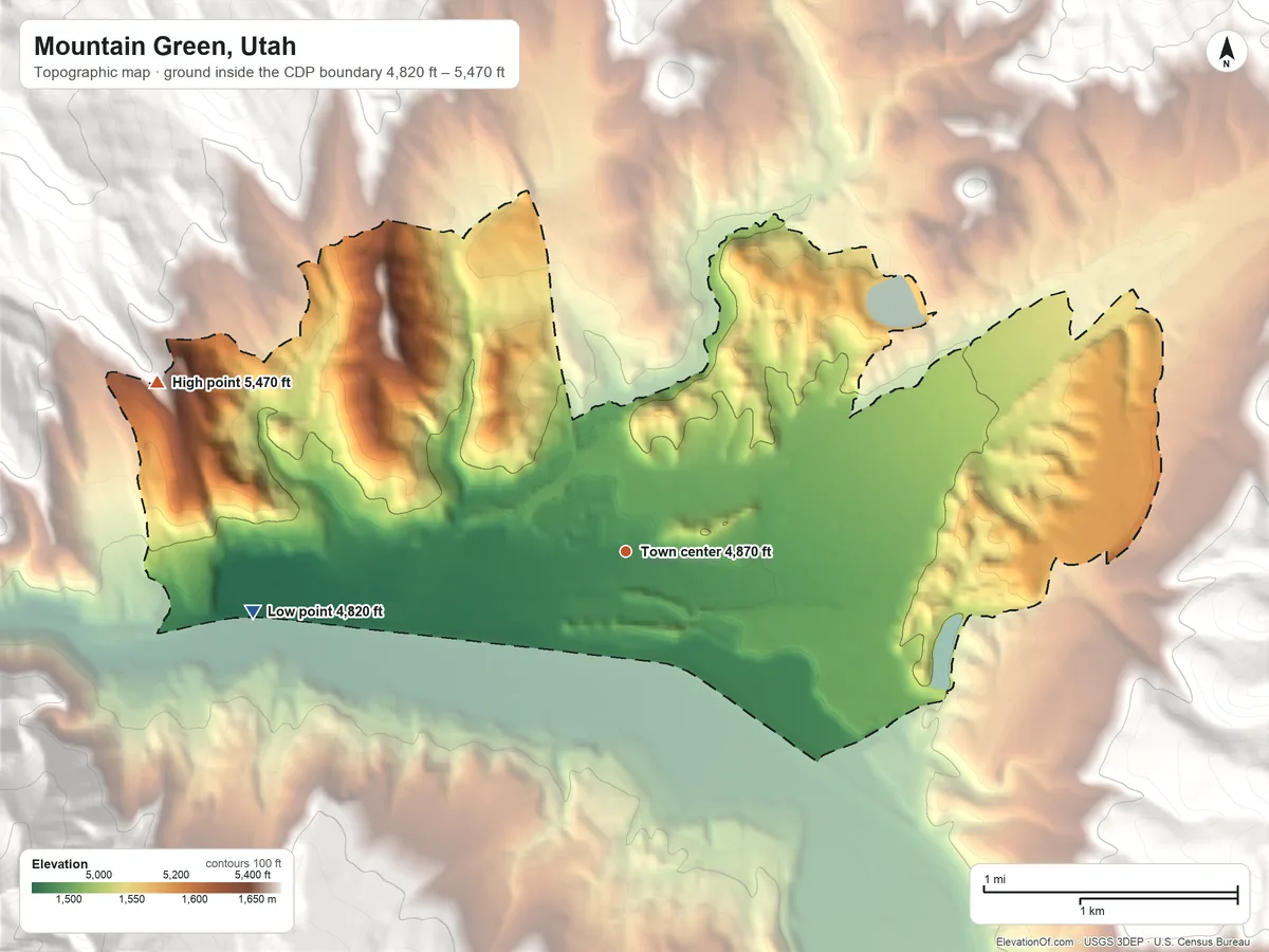 Topographic elevation map of Mountain Green, Utah, shaded from 4,820 ft on the west side to 5,470 ft on the west edge, below higher ground just outside