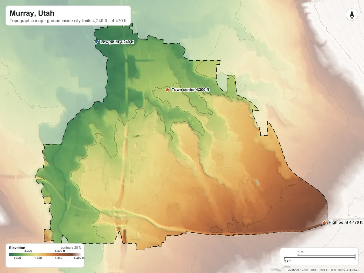 Topographic elevation map of Murray, Utah, shaded from 4,240 ft on the northwest side to 4,470 ft on the southeast edge, below higher ground just outside