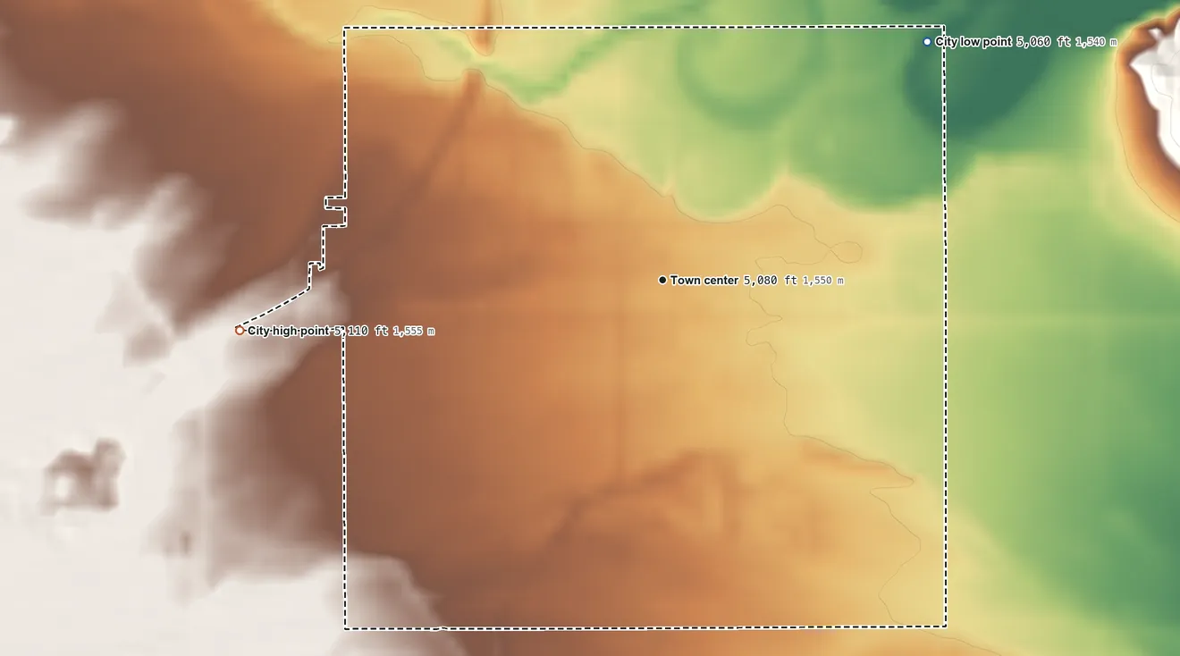 Topographic elevation map of Myton, Utah, shaded from 5,060 ft on the northeast side to 5,110 ft on the west side