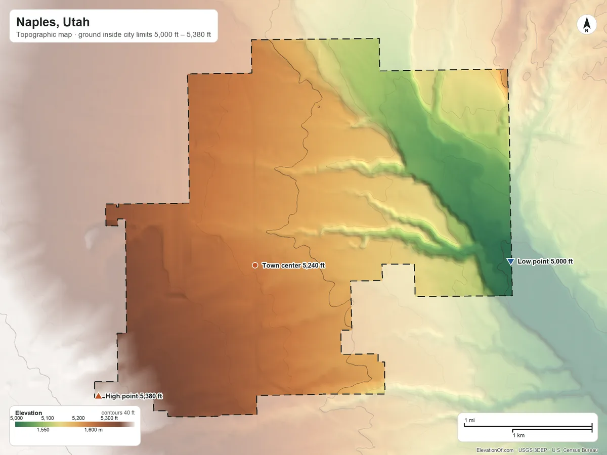 Topographic elevation map of Naples, Utah, shaded from 5,000 ft on the east side to 5,380 ft on the southwest side