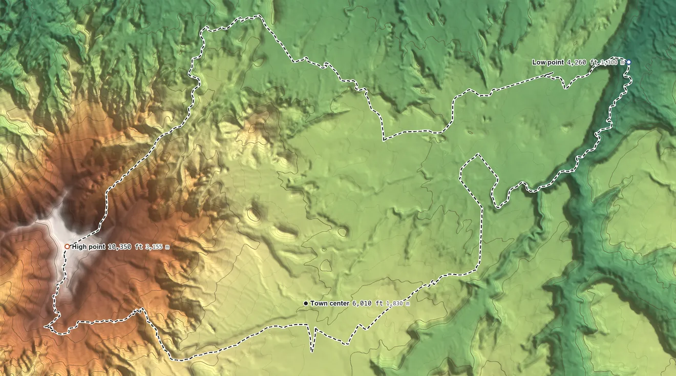 Topographic elevation map of Navajo Mountain, Utah, shaded from 4,260 ft on the northeast side to 10,349 ft on Navajo Mountain