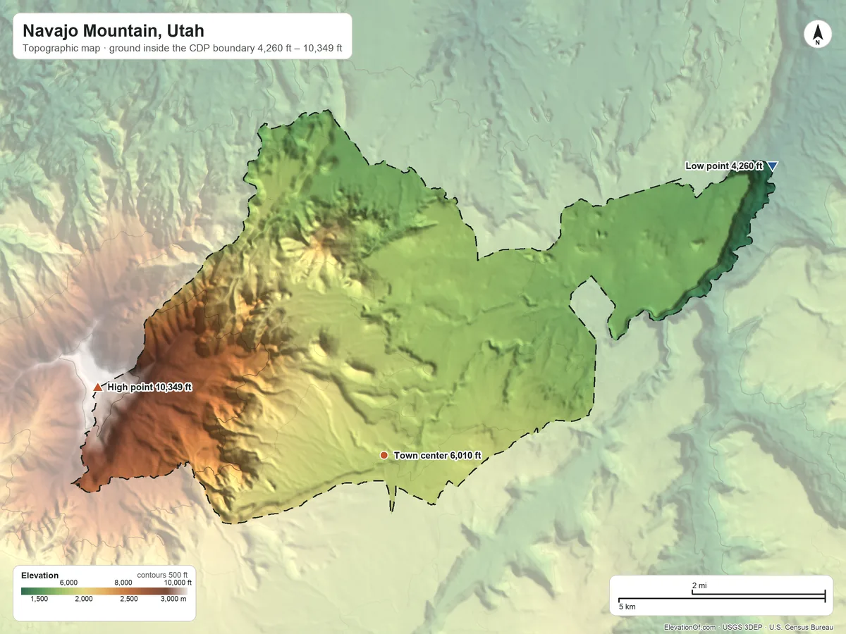 Topographic elevation map of Navajo Mountain, Utah, shaded from 4,260 ft on the northeast side to 10,349 ft on Navajo Mountain