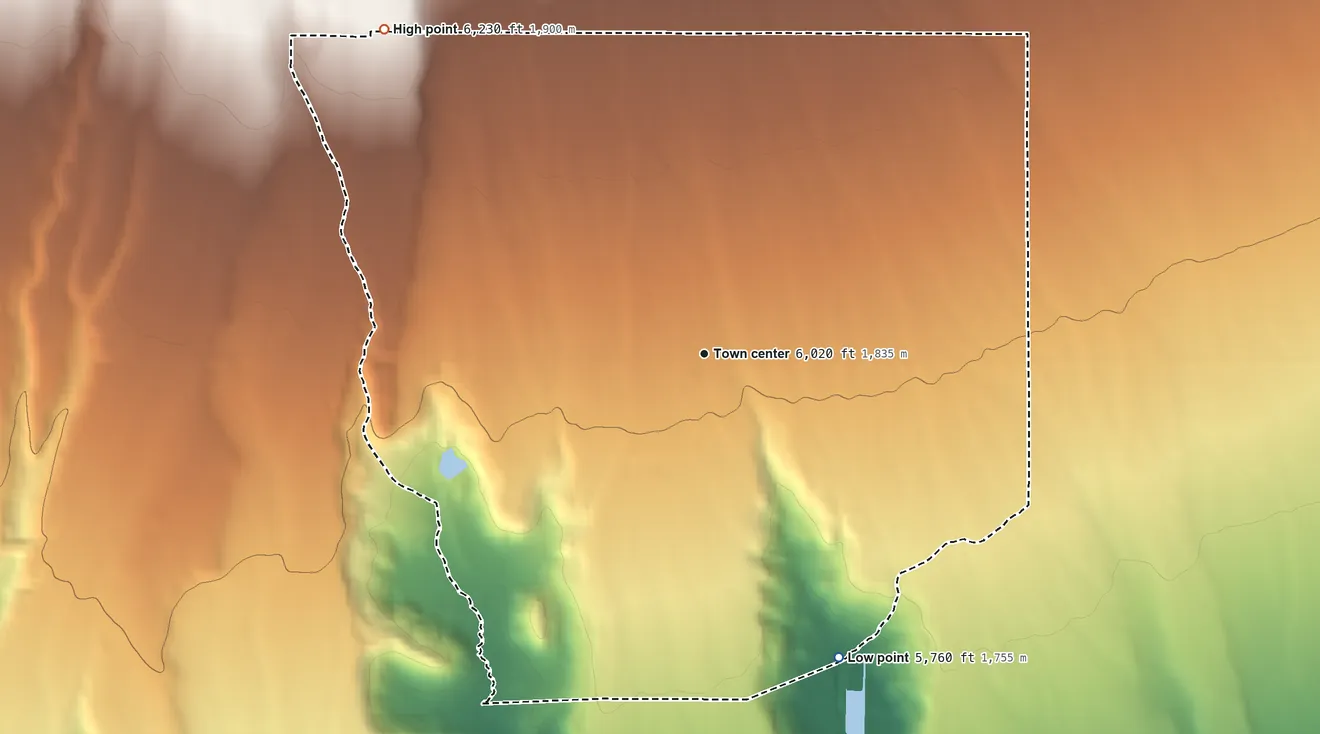 Topographic elevation map of Neola, Utah, shaded from 5,760 ft on the southeast side to 6,230 ft on the northwest side