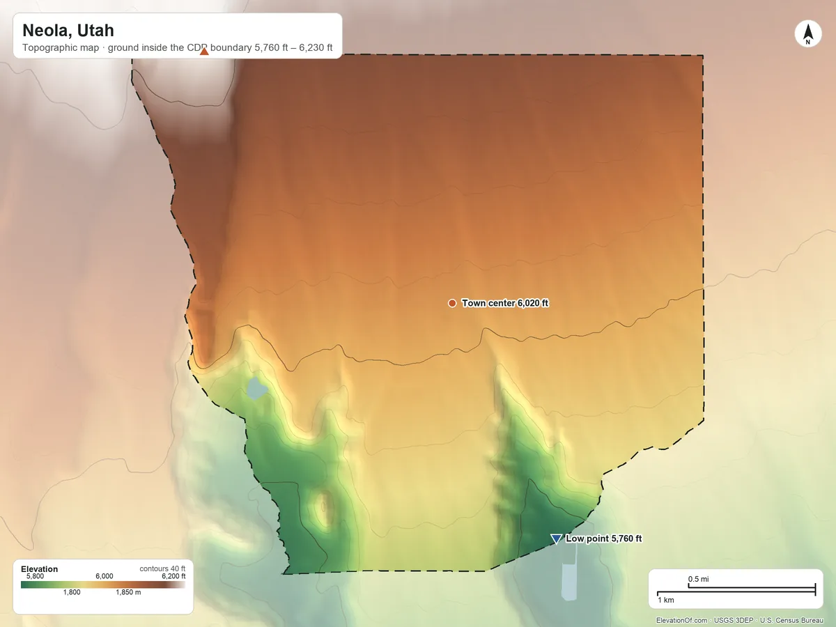 Topographic elevation map of Neola, Utah, shaded from 5,760 ft on the southeast side to 6,230 ft on the northwest side
