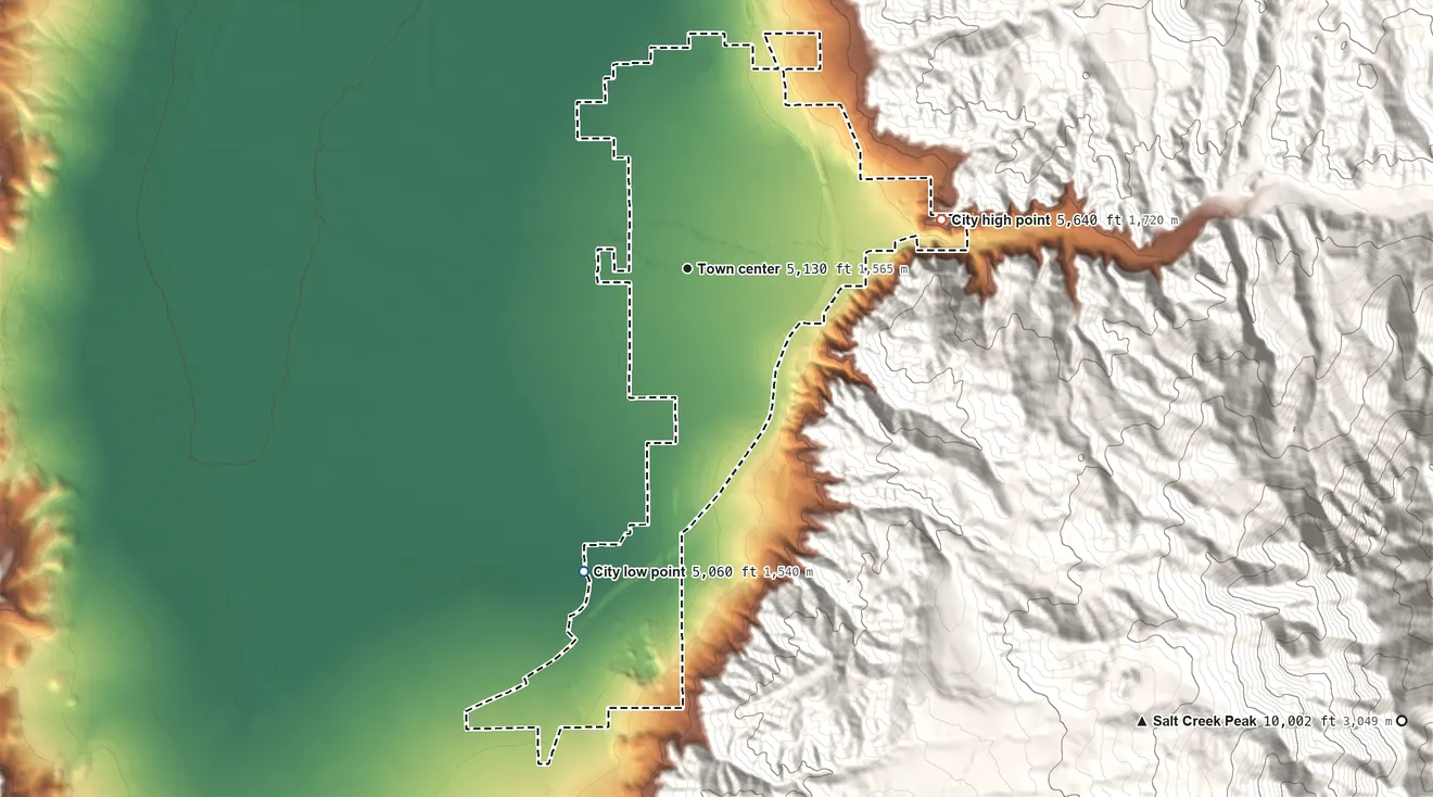 Topographic elevation map of Nephi, Utah, shaded from 5,060 ft on the south side to 5,640 ft at the foot of the San Pitch Mountains