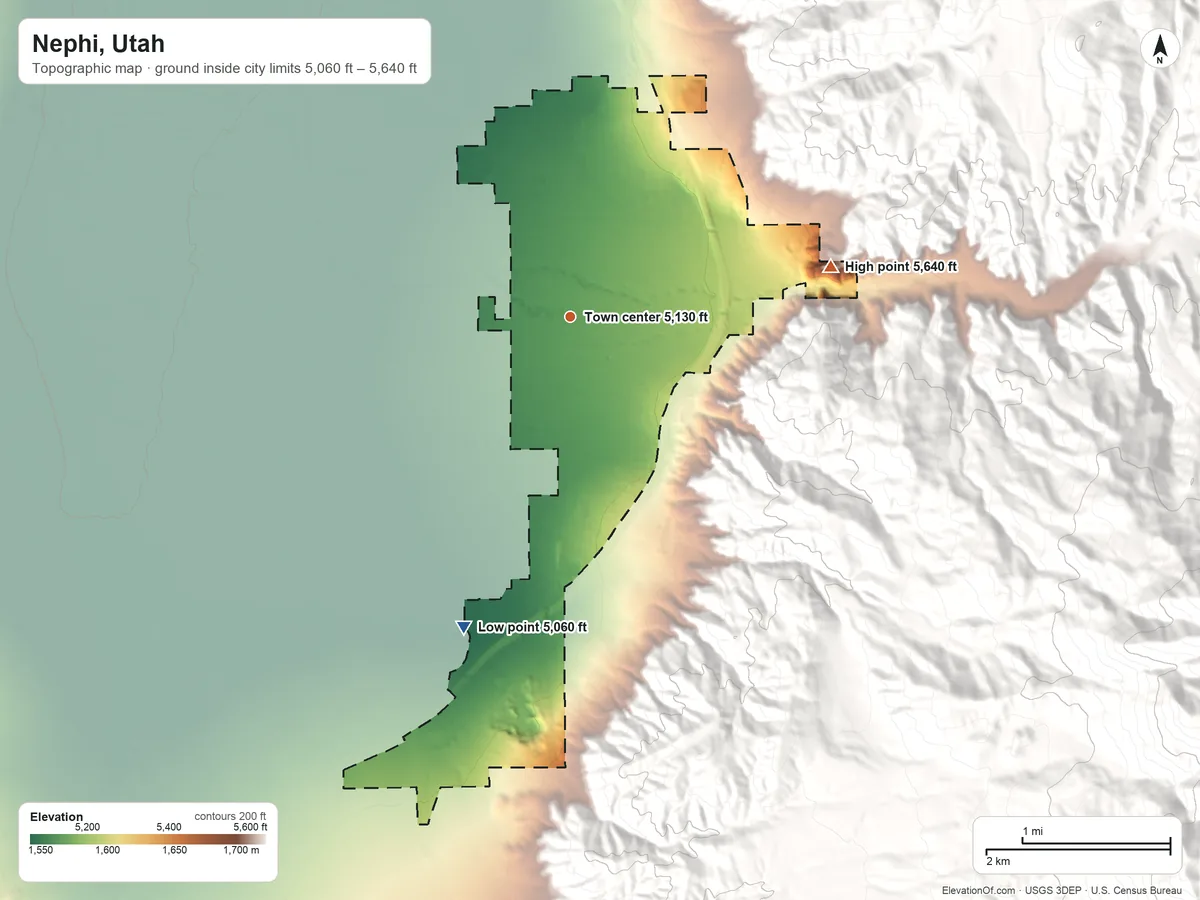 Topographic elevation map of Nephi, Utah, shaded from 5,060 ft on the south side to 5,640 ft at the foot of the San Pitch Mountains