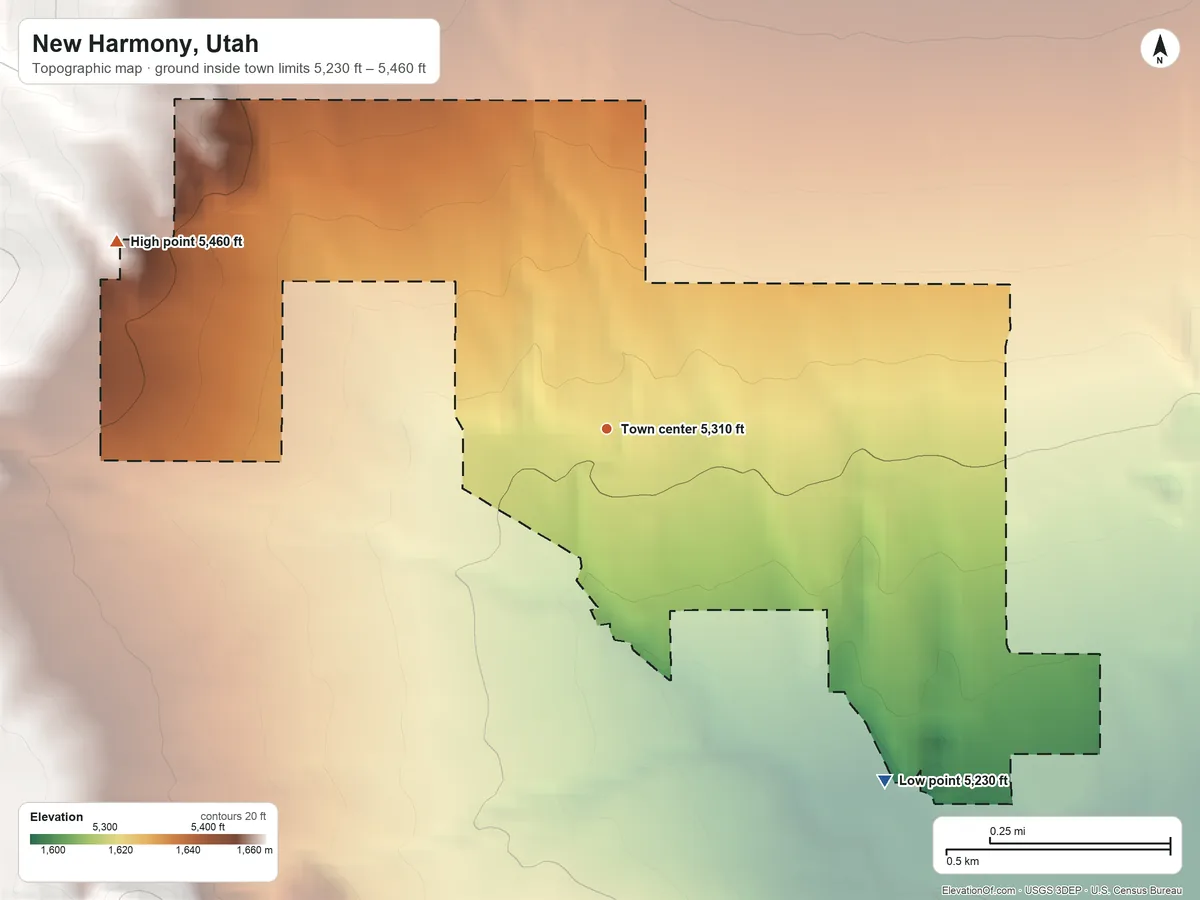 Topographic elevation map of New Harmony, Utah, shaded from 5,230 ft on the southeast side to 5,460 ft at the foot of the Harmony Mountains