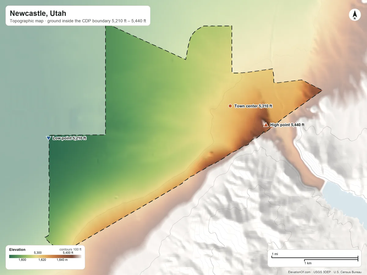 Topographic elevation map of Newcastle, Utah, shaded from 5,210 ft on the west side to 5,440 ft at the foot of the Antelope Range