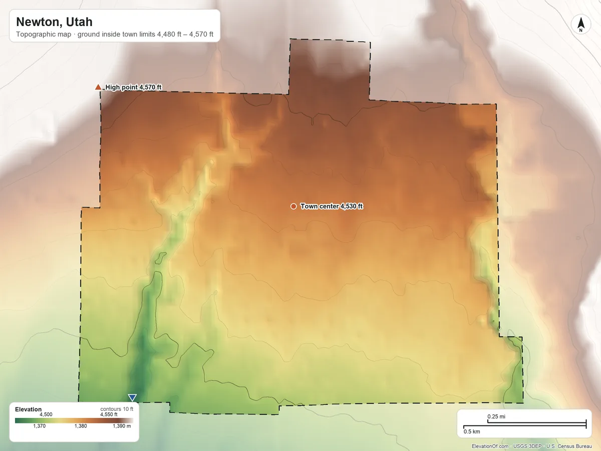 Topographic elevation map of Newton, Utah, shaded from 4,480 ft on the southwest side to 4,570 ft on the northwest edge, below higher ground just outside