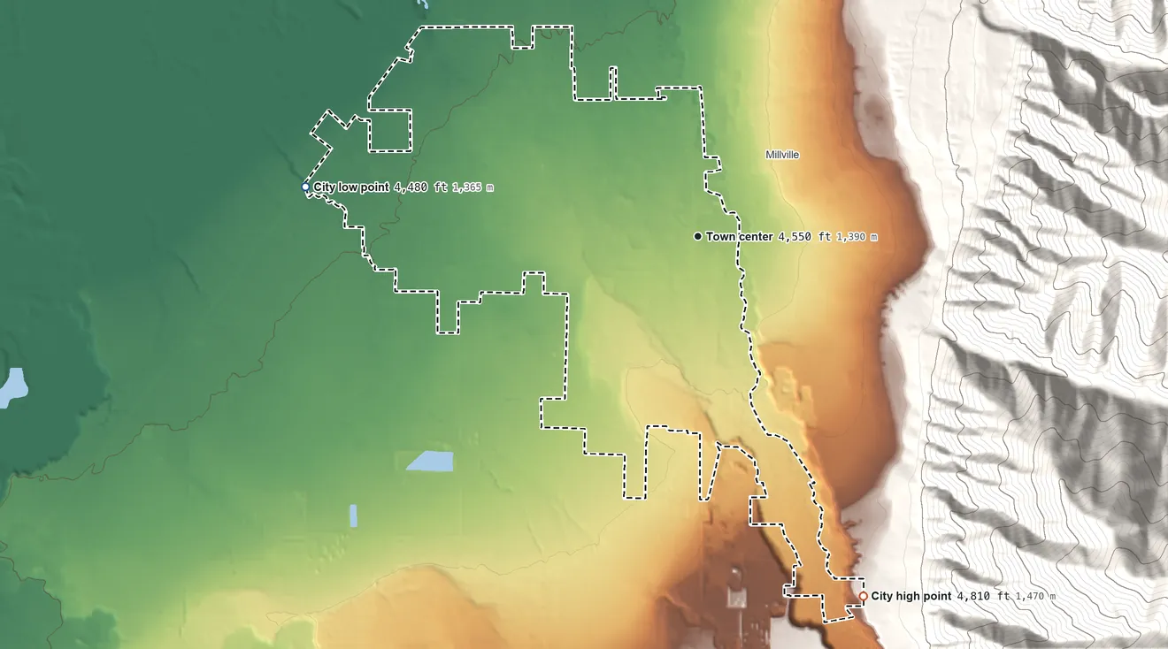 Topographic elevation map of Nibley, Utah, shaded from 4,480 ft on the west side to 4,810 ft at the foot of the Mahogany Range
