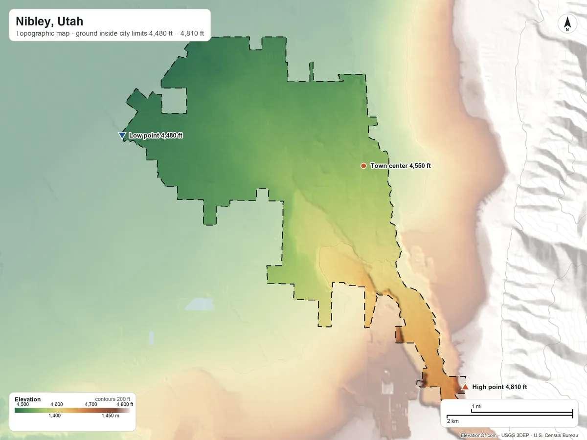 Topographic elevation map of Nibley, Utah, shaded from 4,480 ft on the west side to 4,810 ft at the foot of the Mahogany Range