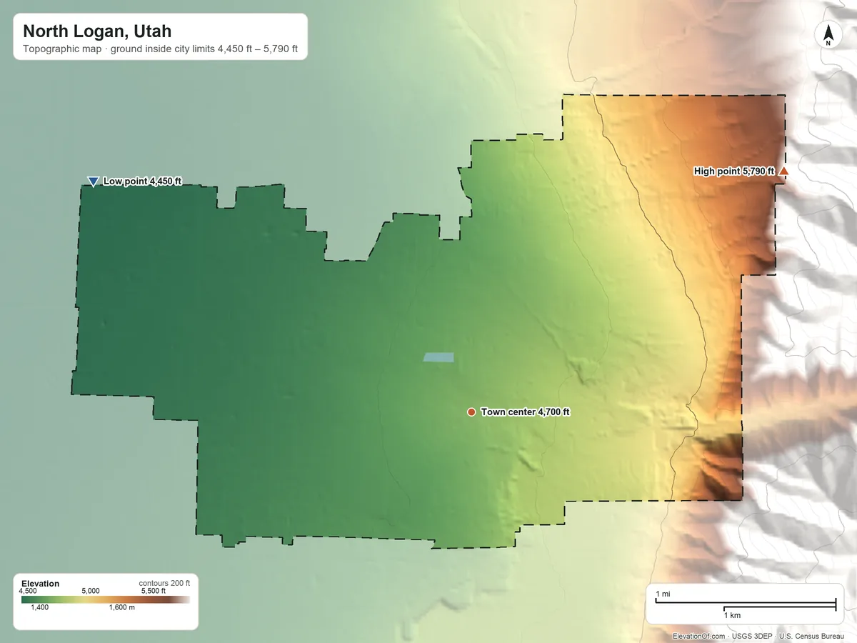 Topographic elevation map of North Logan, Utah, shaded from 4,450 ft on the northwest side to 5,790 ft at the foot of the Bear River Range