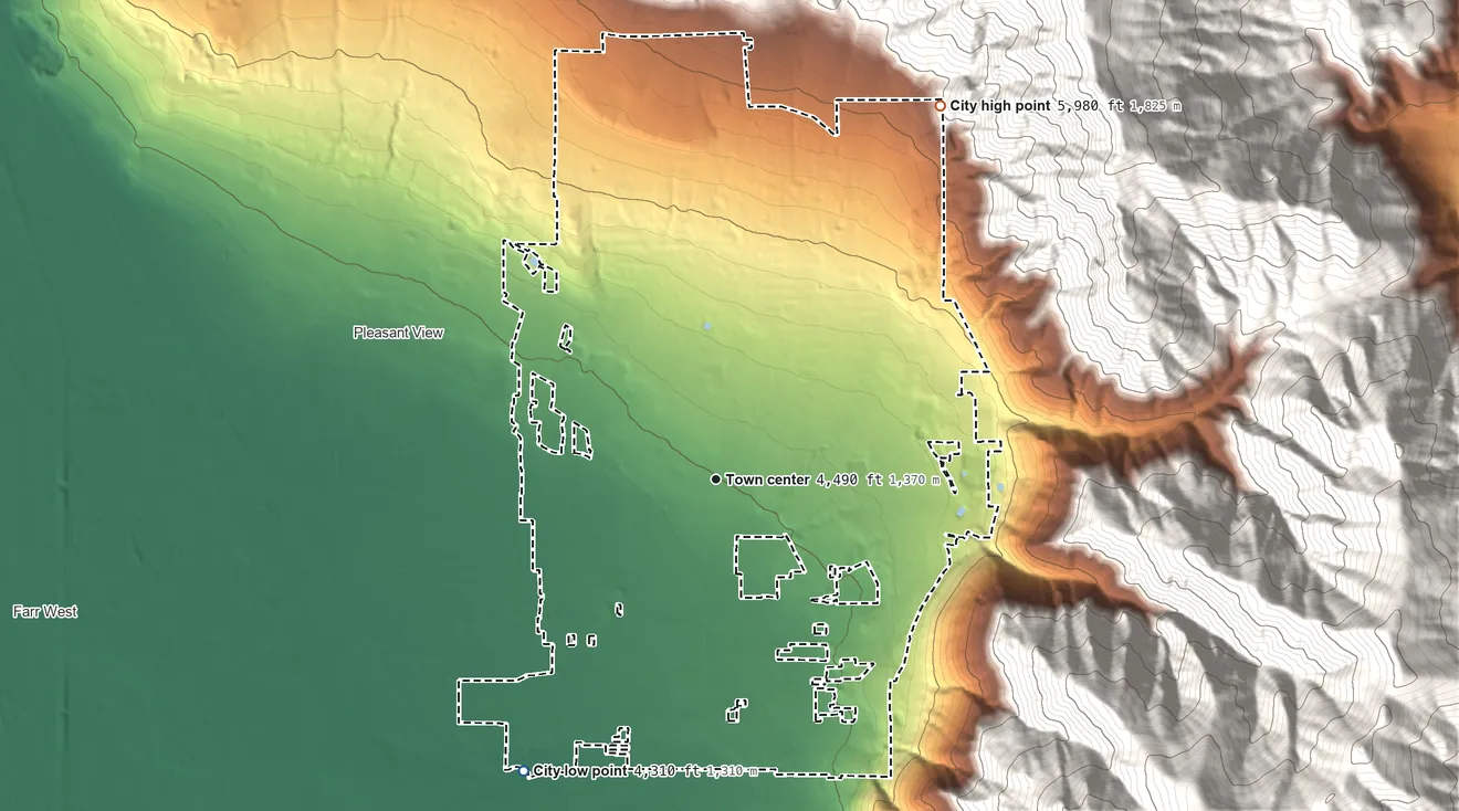 Topographic elevation map of North Ogden, Utah, shaded from 4,310 ft on the southwest side to 5,980 ft on the northeast edge, below higher ground just outside
