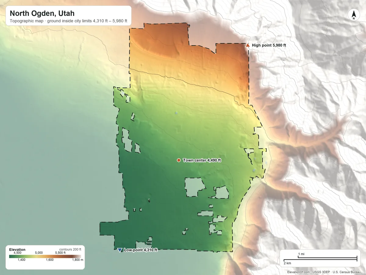 Topographic elevation map of North Ogden, Utah, shaded from 4,310 ft on the southwest side to 5,980 ft on the northeast edge, below higher ground just outside