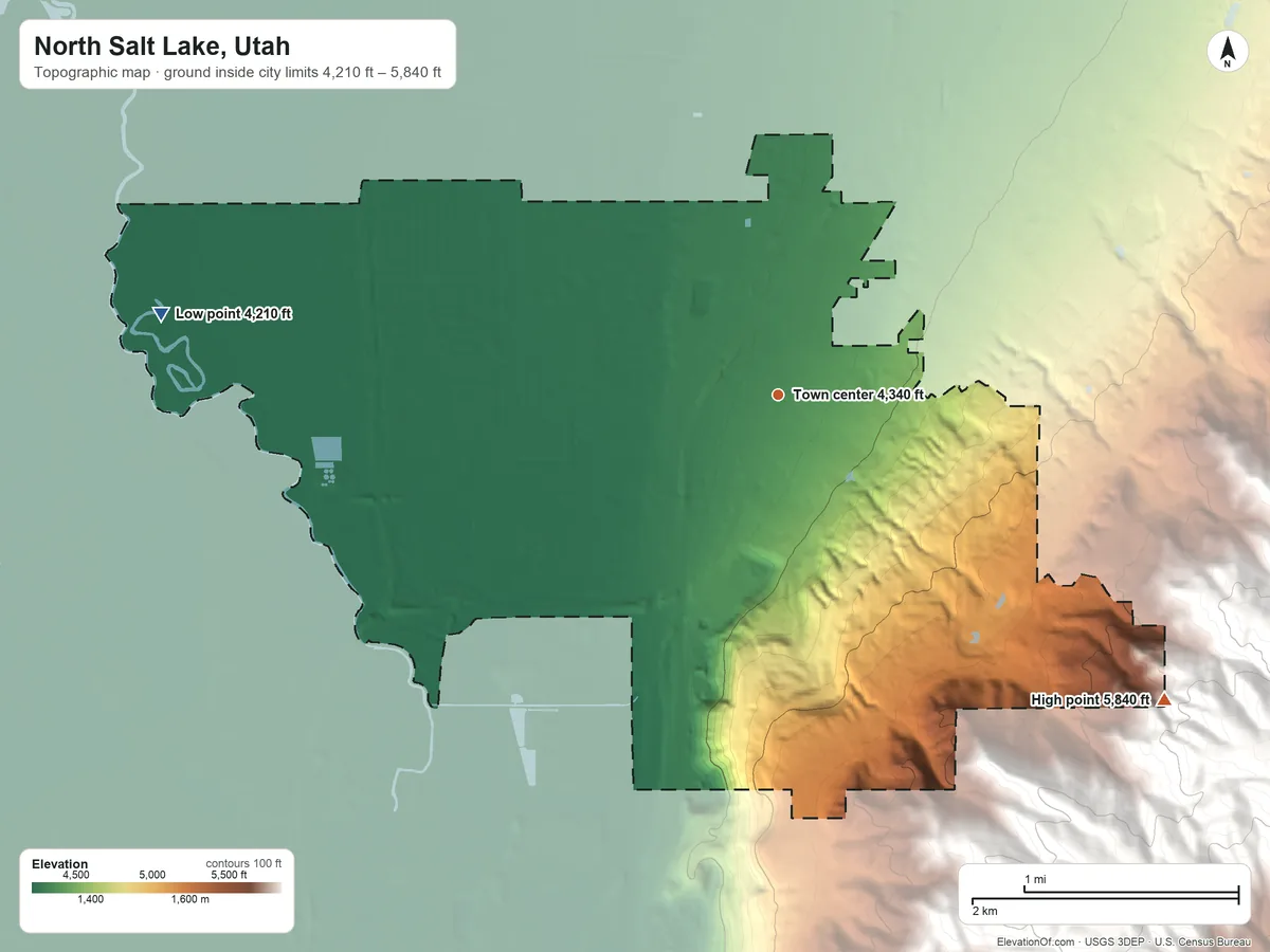 Topographic elevation map of North Salt Lake, Utah, shaded from 4,210 ft on the west side to 5,840 ft at the foot of the Sessions Mountains