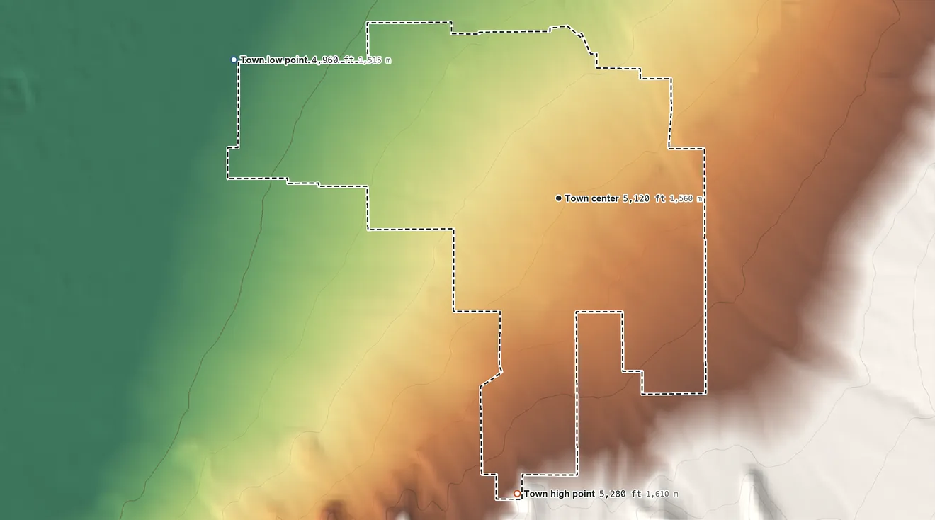 Topographic elevation map of Oak City, Utah, shaded from 4,960 ft on the northwest side to 5,280 ft at the foot of the Canyon Mountains