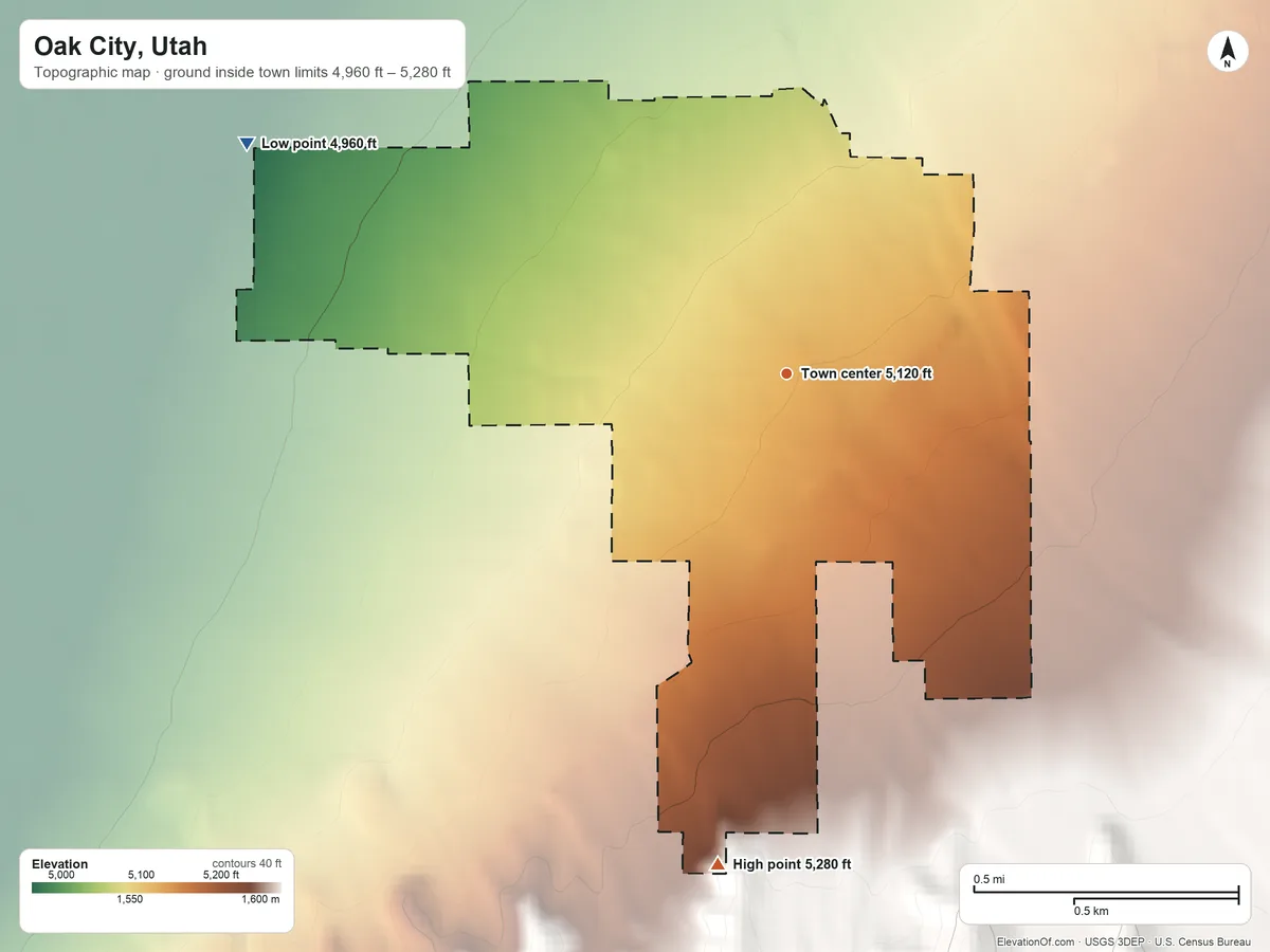 Topographic elevation map of Oak City, Utah, shaded from 4,960 ft on the northwest side to 5,280 ft at the foot of the Canyon Mountains