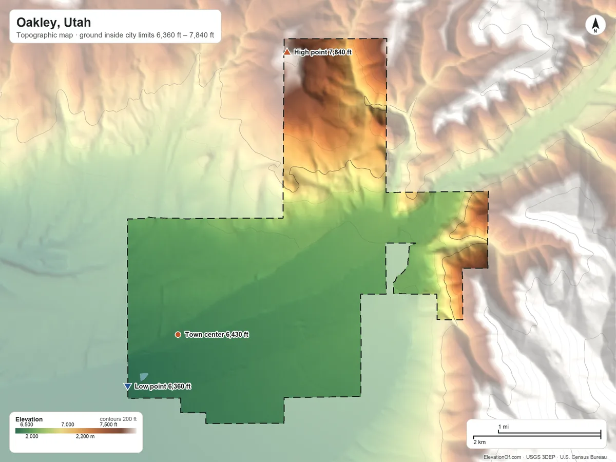 Topographic elevation map of Oakley, Utah, shaded from 6,360 ft on the southwest side to 7,840 ft at the foot of the The West Hills