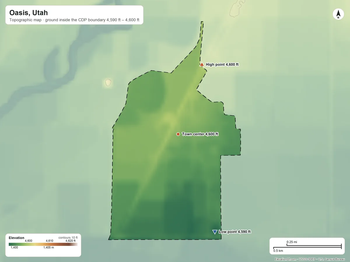 Topographic elevation map of Oasis, Utah, shaded from 4,590 ft on the south side to 4,600 ft on the north side