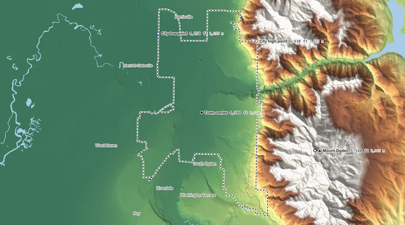 Topographic elevation map of Ogden, Utah, shaded from 4,250 ft on the northwest side to 6,930 ft on the northeast edge, below higher ground just outside
