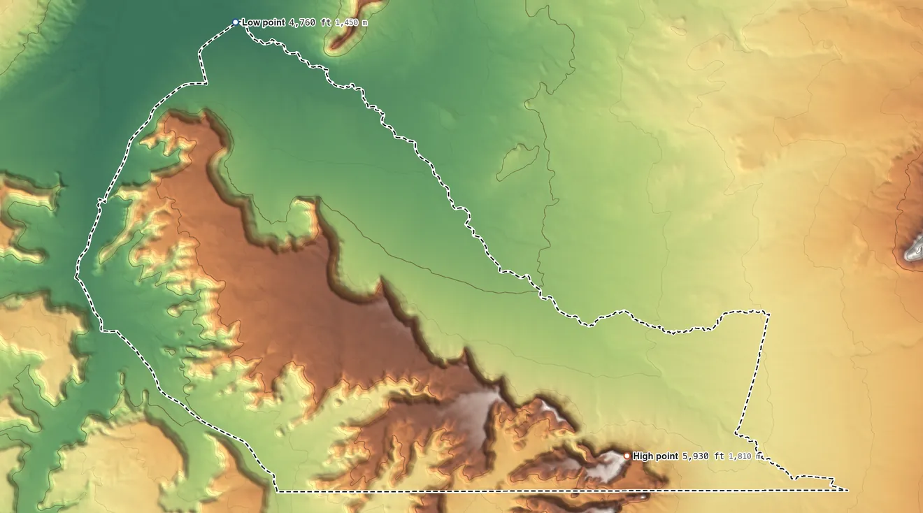 Topographic elevation map of Oljato-Monument Valley, Utah, shaded from 4,760 ft on the north side to 5,930 ft on Rock Door Mesa