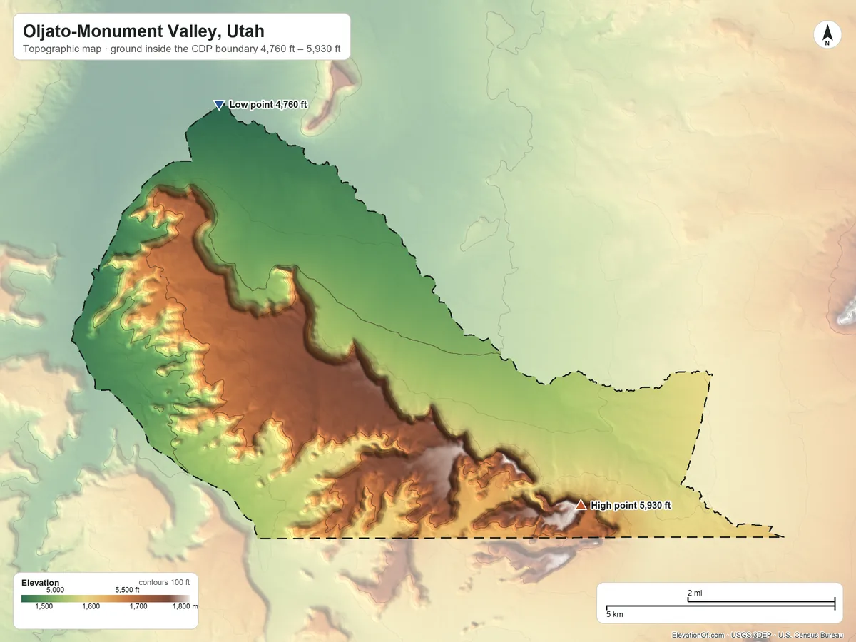 Topographic elevation map of Oljato-Monument Valley, Utah, shaded from 4,760 ft on the north side to 5,930 ft on Rock Door Mesa