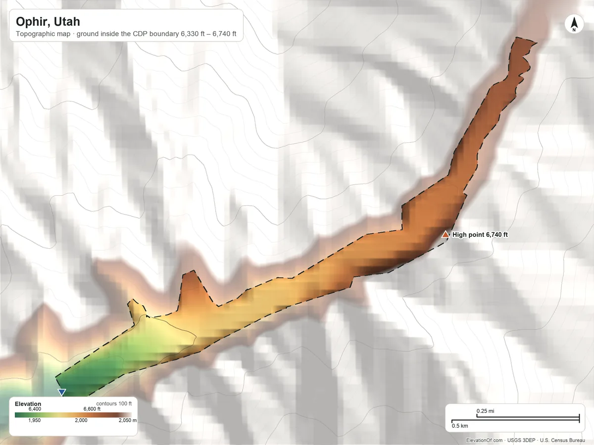 Topographic elevation map of Ophir, Utah, shaded from 6,330 ft on the west side to 6,740 ft at the foot of the Oquirrh Mountains