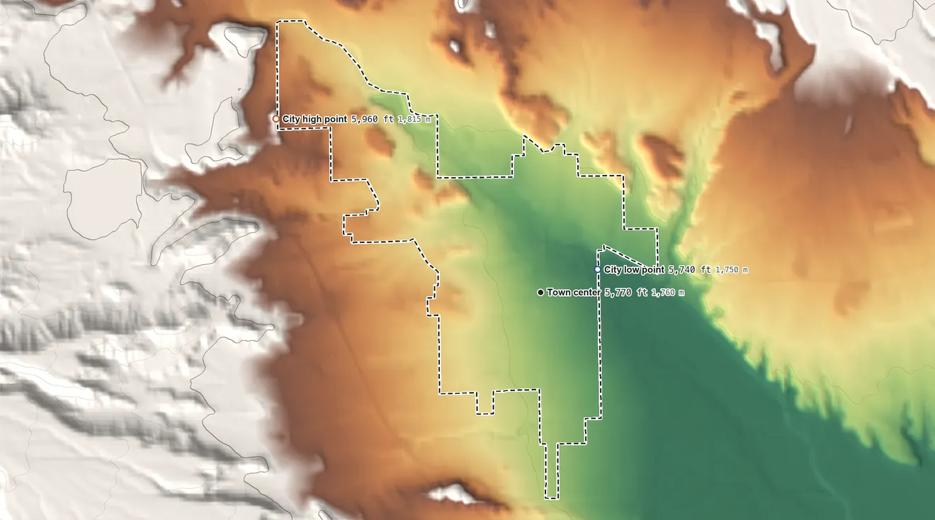 Topographic elevation map of Orangeville, Utah, shaded from 5,740 ft on the east side to 5,960 ft on the northwest edge, below higher ground just outside