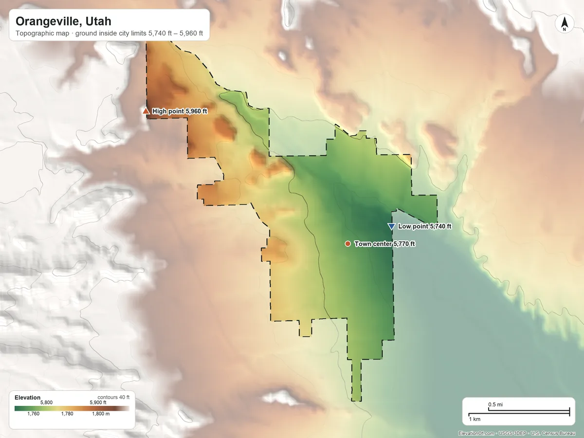 Topographic elevation map of Orangeville, Utah, shaded from 5,740 ft on the east side to 5,960 ft on the northwest edge, below higher ground just outside