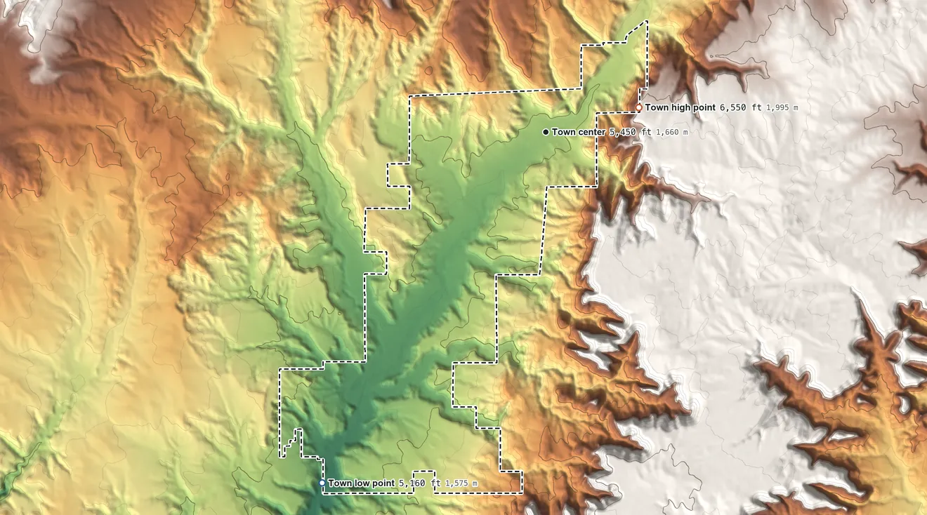 Topographic elevation map of Orderville, Utah, shaded from 5,160 ft on the southwest side to 6,550 ft on the east side