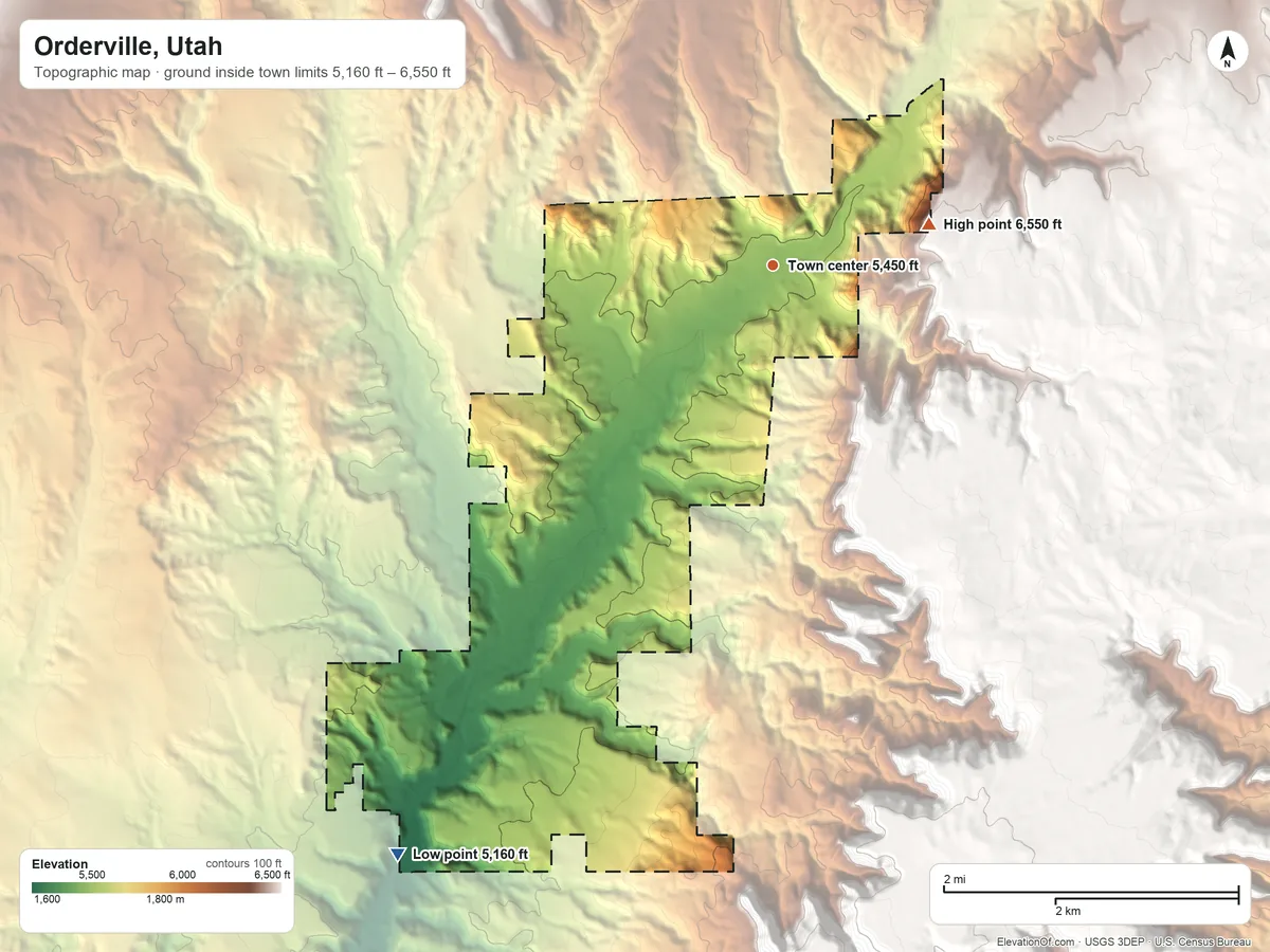 Topographic elevation map of Orderville, Utah, shaded from 5,160 ft on the southwest side to 6,550 ft on the east side