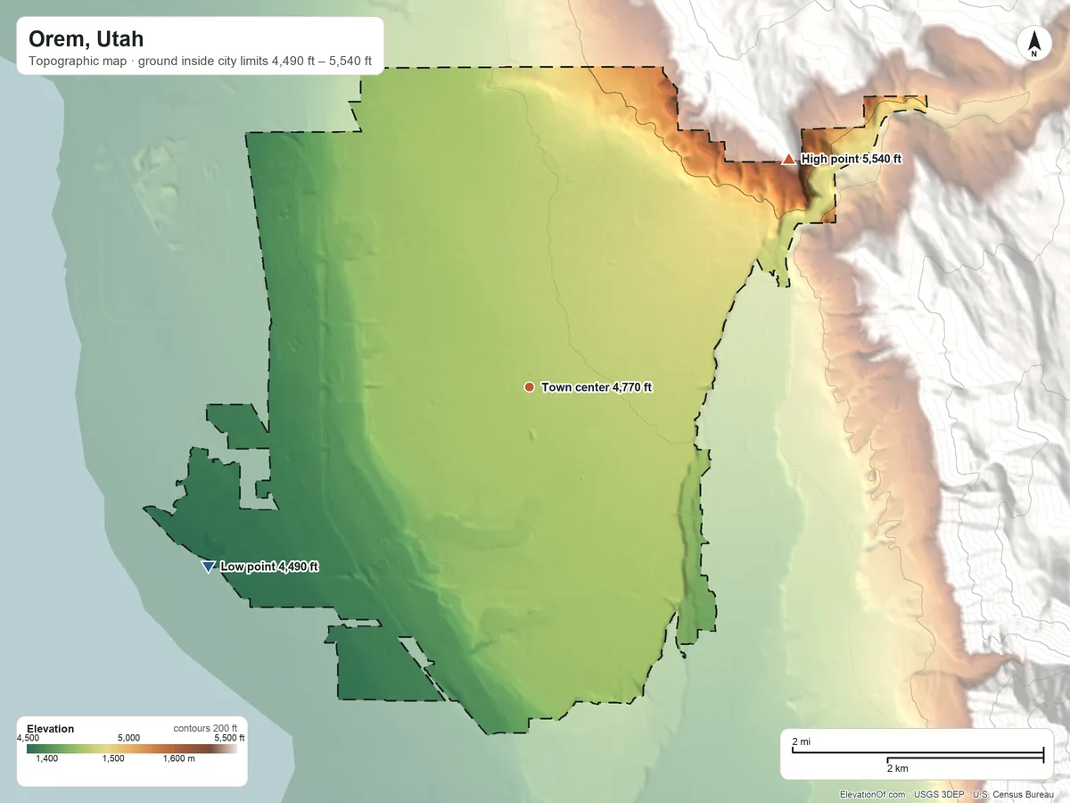 Topographic elevation map of Orem, Utah, shaded from 4,490 ft on the southwest side to 5,540 ft at the foot of Lake Mountains