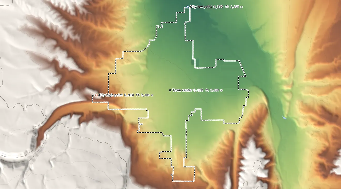 Topographic elevation map of Panguitch, Utah, shaded from 6,540 ft on the north side to 6,910 ft on the west edge, below higher ground just outside